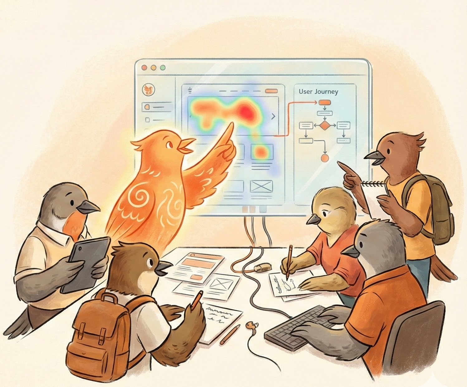 Cartoon birds gathered around a computer screen reviewing UX designs and user journey diagrams